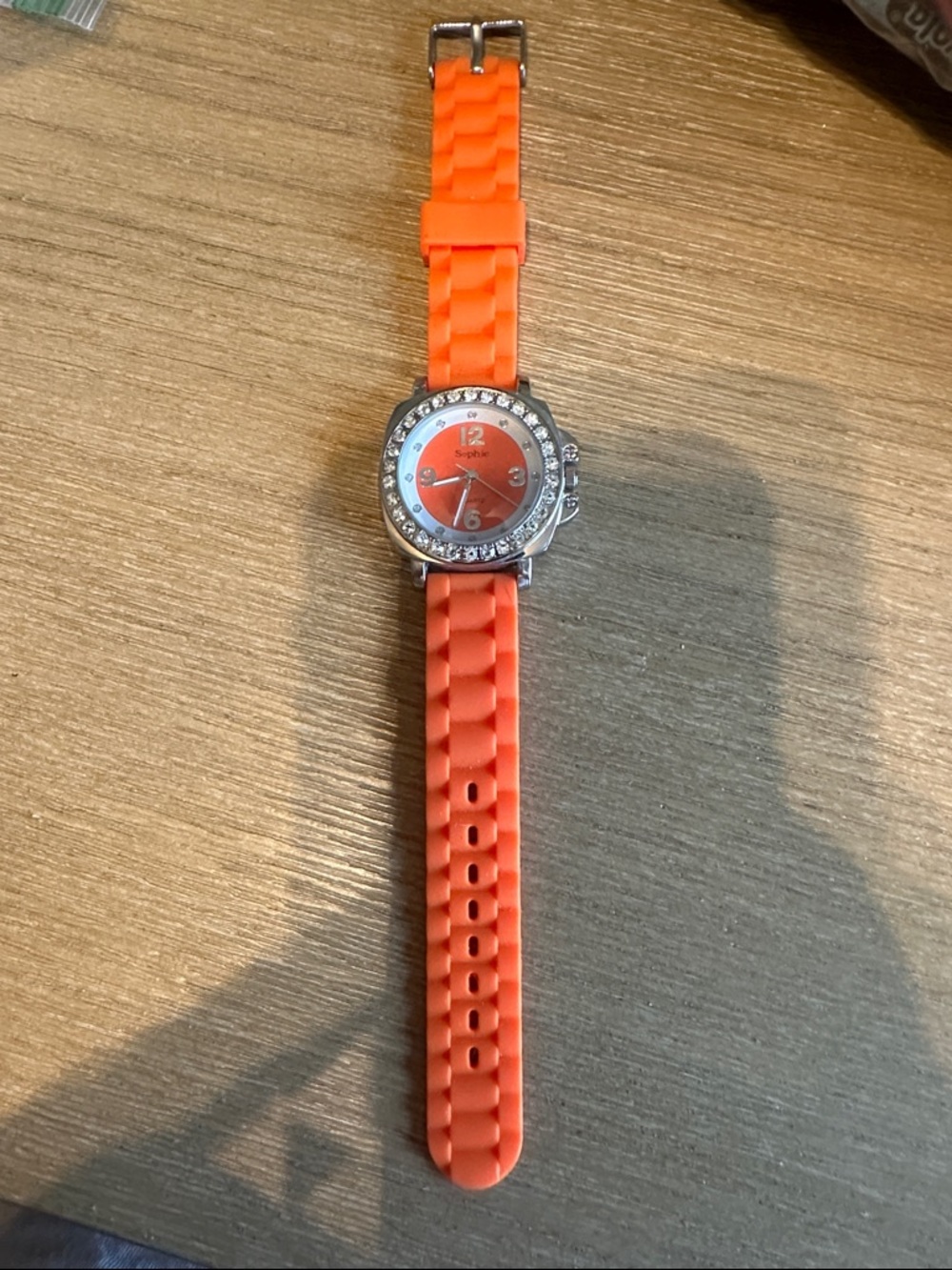 Orange Silicone Strap Watch with Crystal Bezel